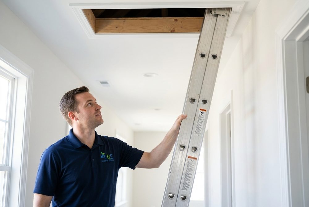 ERE Inspections technician steadying an extension ladder at an open attic access hatch, ready for the final inspection