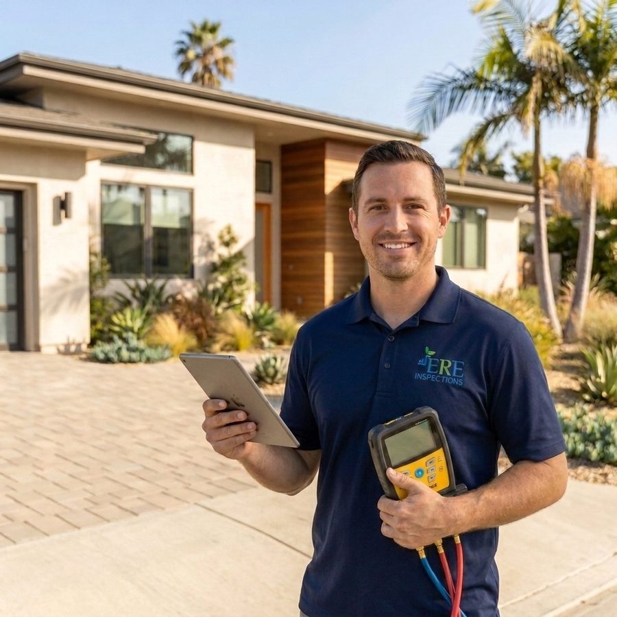 ERE Inspections energy consultant in a branded polo holding a tablet and a digital test gauge in front of a new California home