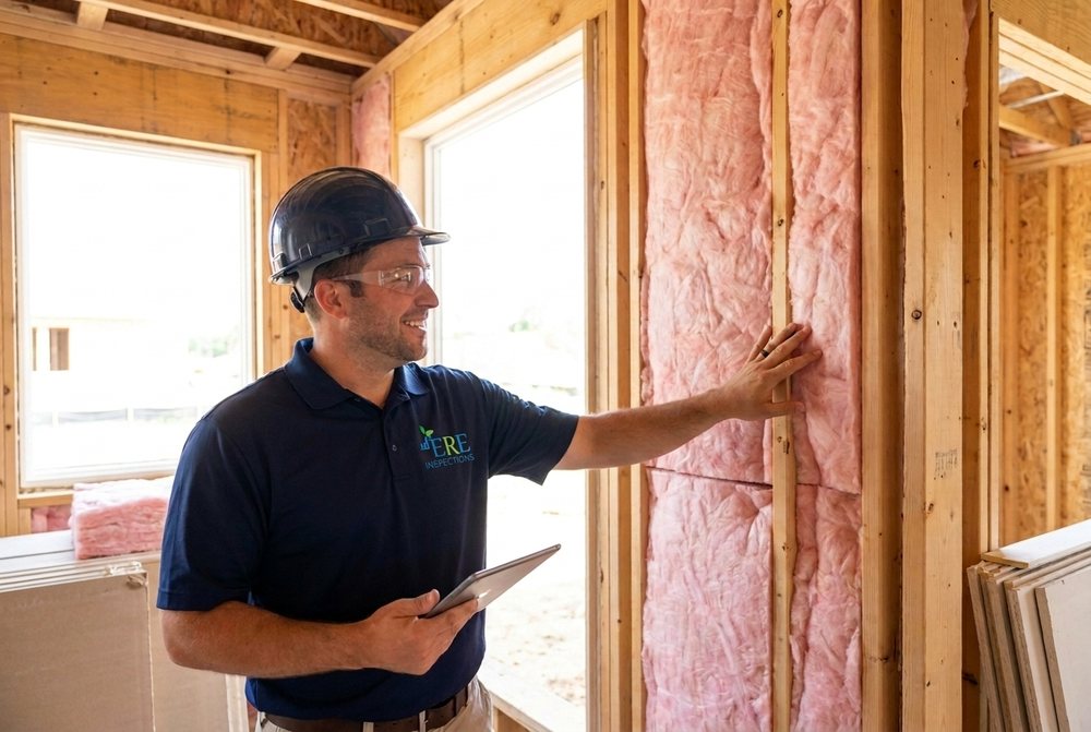 ERE Inspections HERS rater in a branded polo and hard hat inspecting fiberglass batt insulation in a wood-framed wall before drywall, holding a tablet