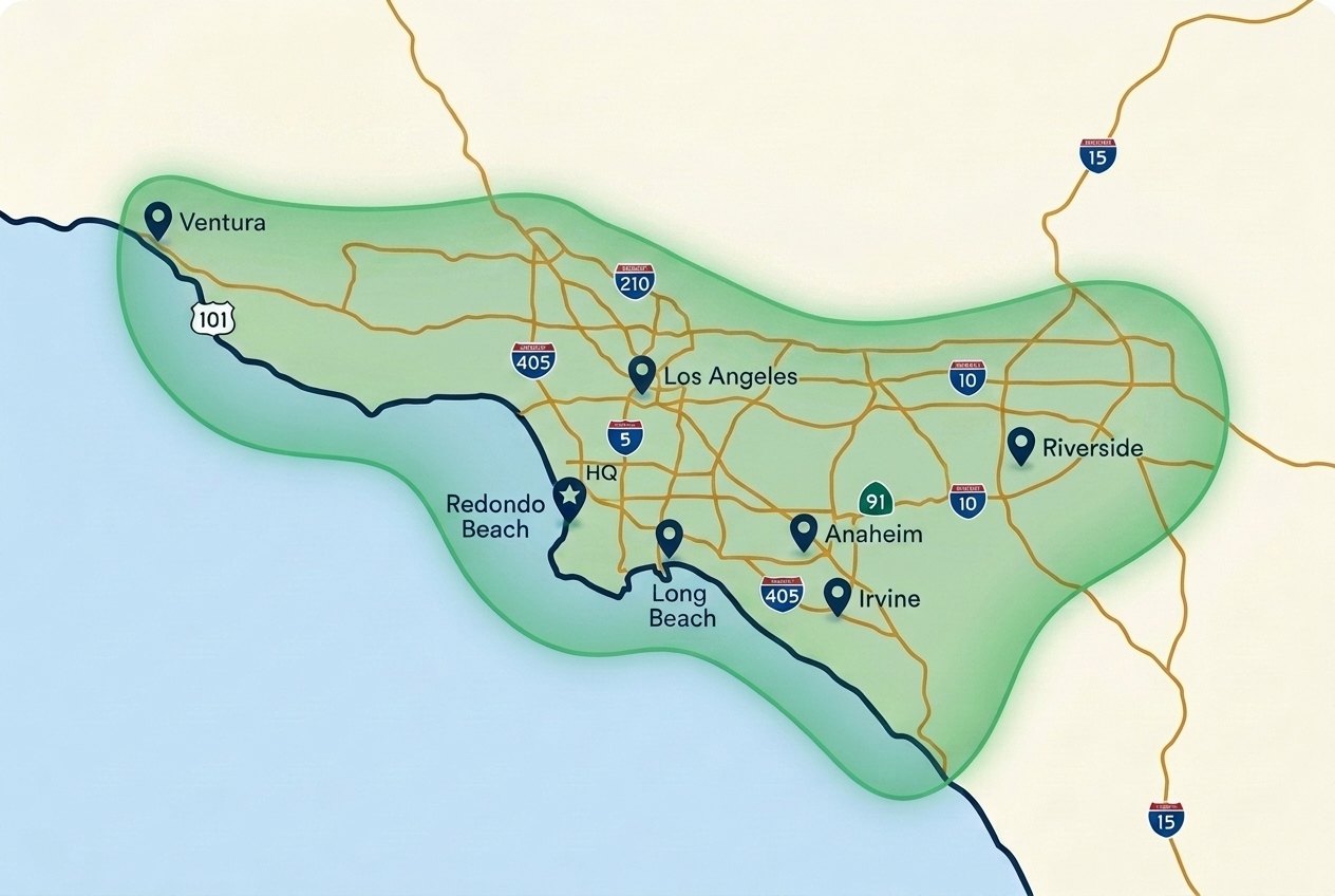 Map of ERE Inspections' Southern California service area: a shaded green coverage zone spanning Ventura, Los Angeles, the South Bay including our Redondo Beach headquarters, Orange County, and the western Inland Empire out to Riverside, along the Pacific coast, with the major freeways (US-101, I-5, I-405, I-10, I-210, I-15, and CA-91) marked.