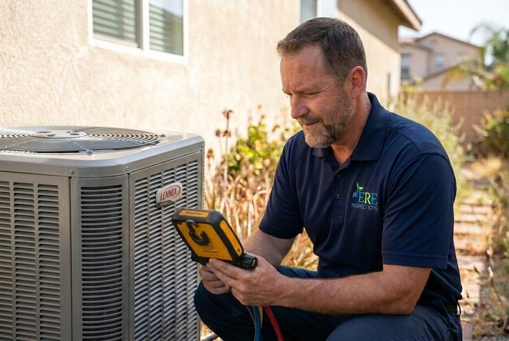 ERE Inspections technician checking the refrigerant charge on a residential condenser with a Fieldpiece digital manifold